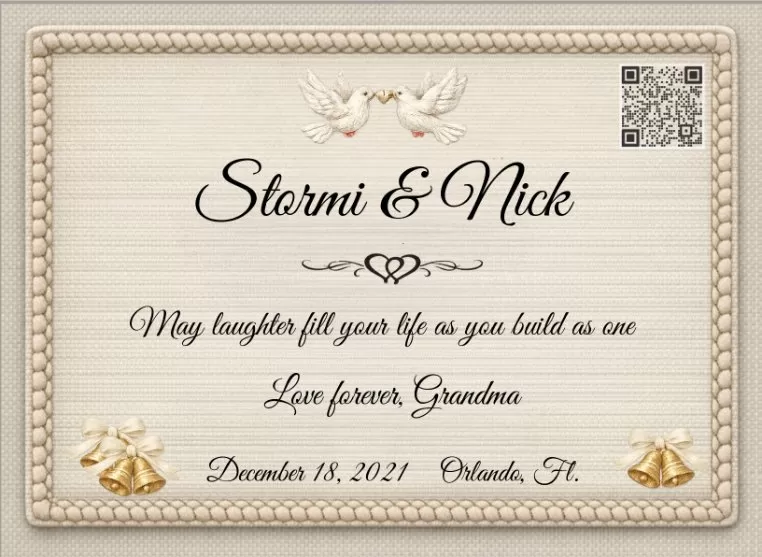 Personalized wedding quilt label for a daughter with a scannable QR code Personalized wedding quilt label for a daughter with a scannable QR code